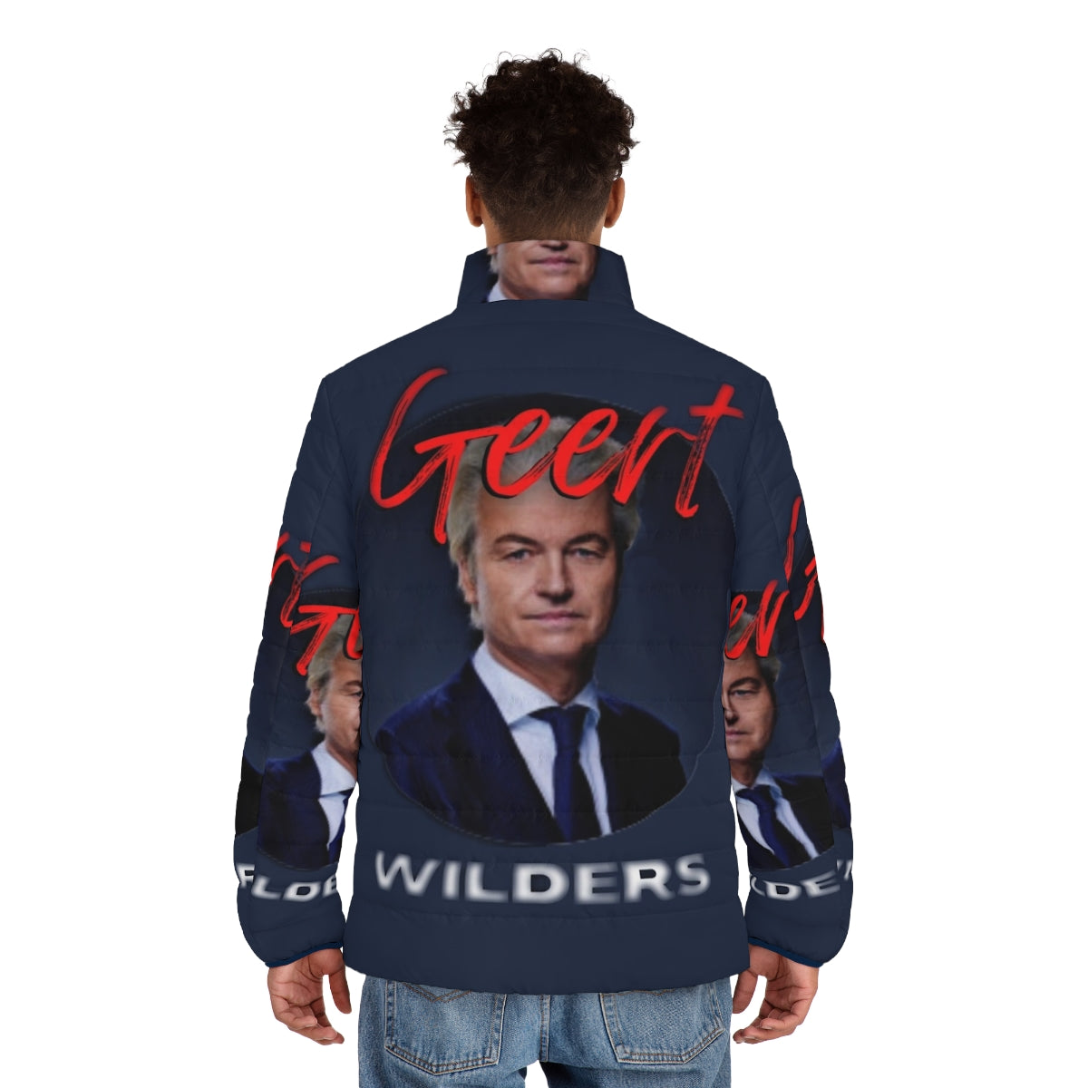 Geert Wilders wearing a puffer jacket, a symbol of Dutch populist politics - men back