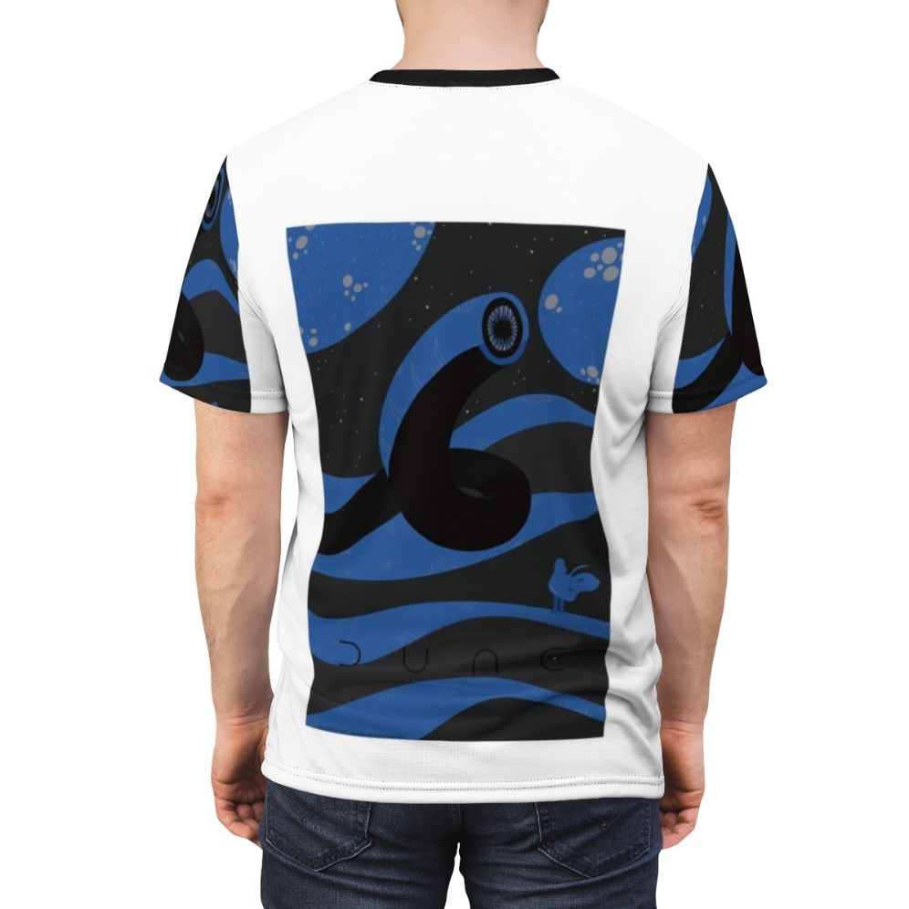 Illustration of a Dune-inspired sandworm and desert landscape on a t-shirt - men back