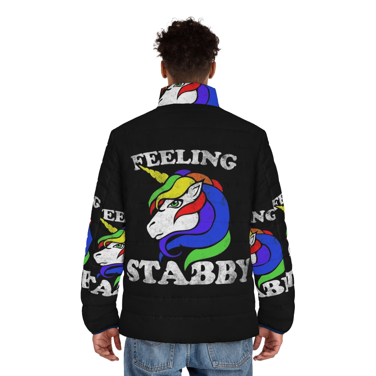 Colorful and whimsical "Feeling Stabby" unicorn puffer jacket - men back