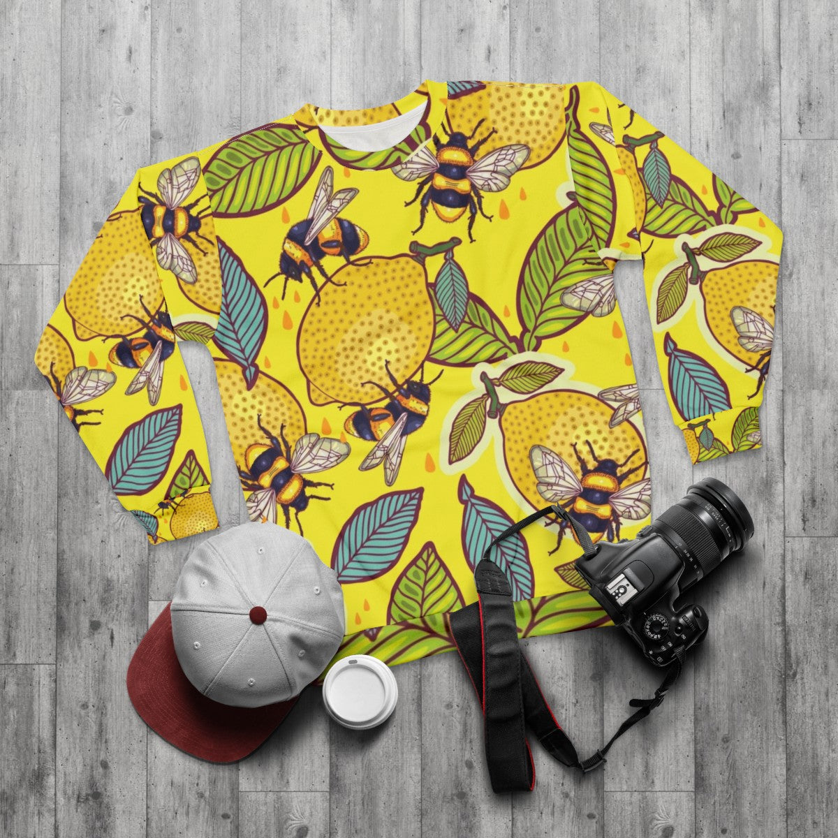 Colorful yellow lemon and bee garden sweatshirt - flat lay