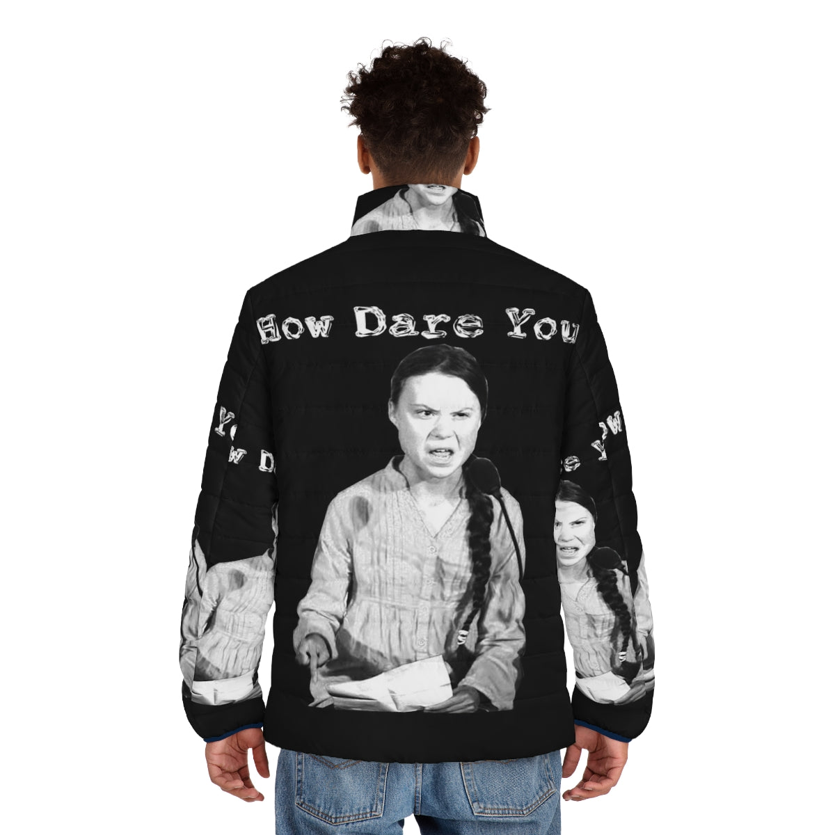 Greta Thunberg "How Dare You" climate change protest puffer jacket - men back