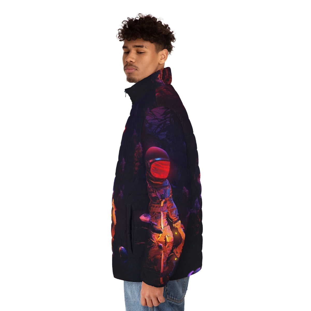 Stellar Spot Puffer Jacket featuring a space-inspired design with surreal patterns and celestial elements - men side left