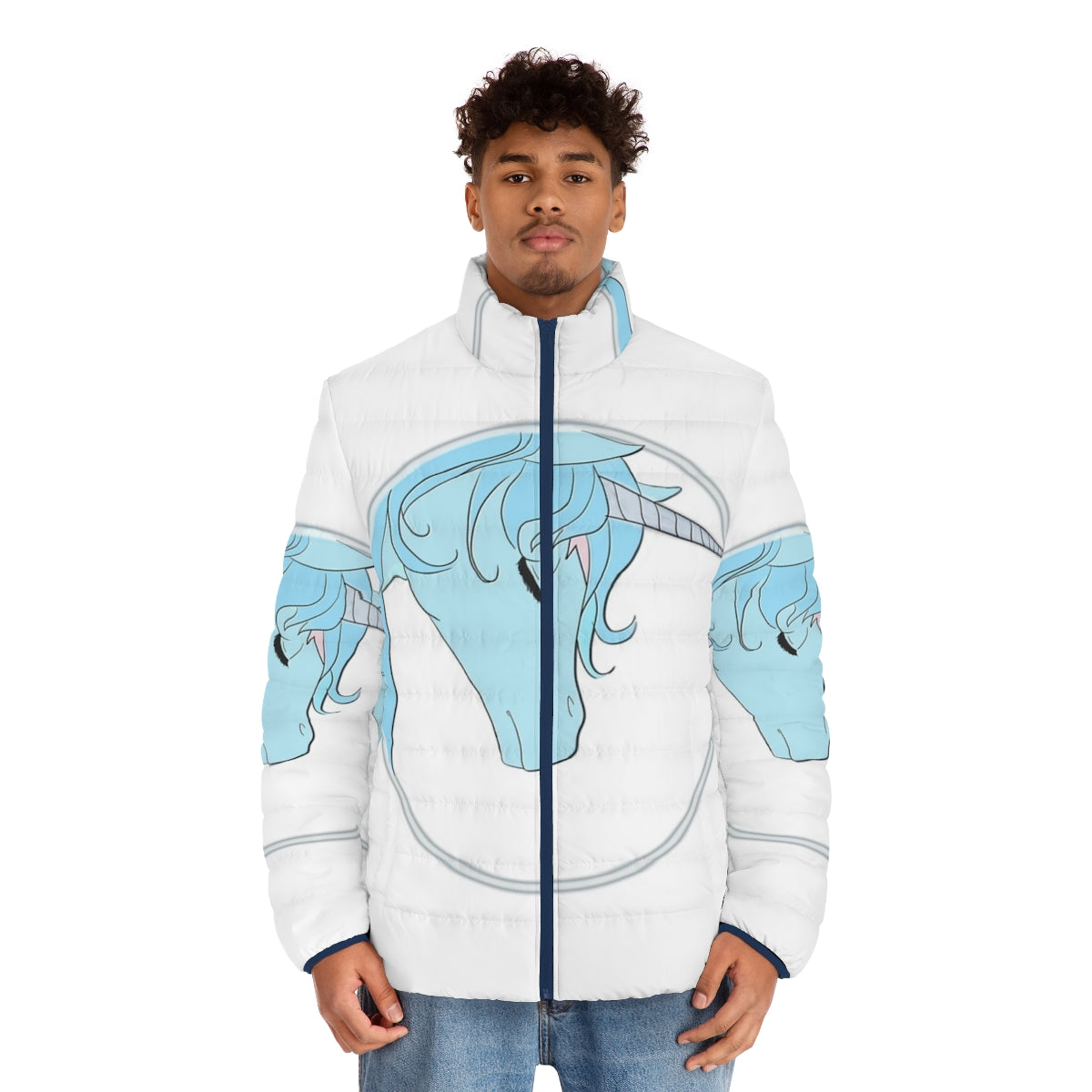 A puffer jacket featuring a magical unicorn design, perfect for fantasy fashion lovers. - men front