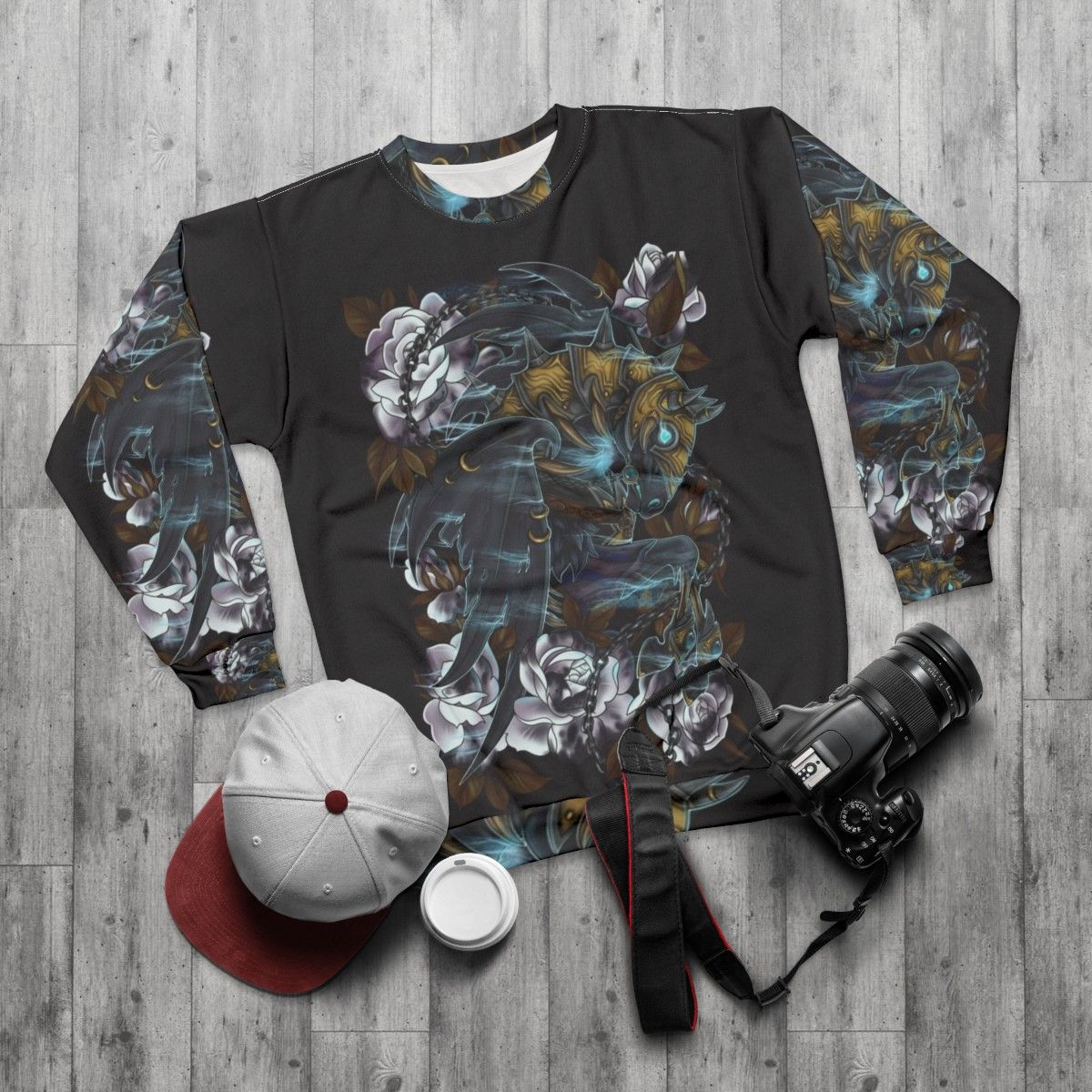 Invincible undead horse fantasy art design on sweatshirt - flat lay