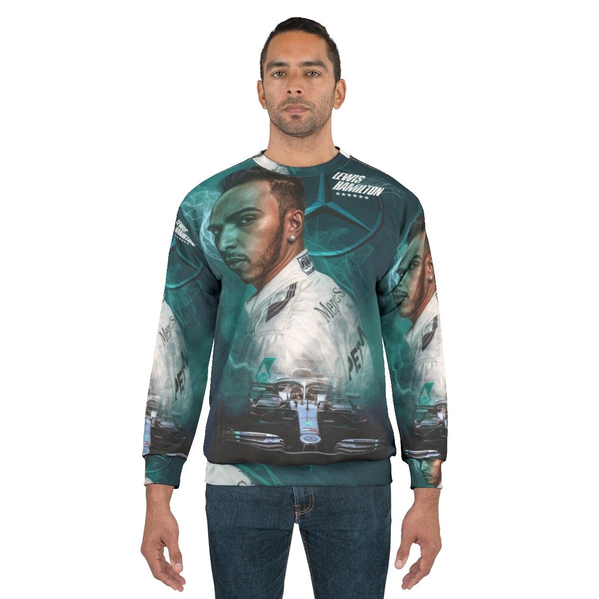 Lewis Hamilton in Mercedes AMG Formula 1 car wearing a world champion sweatshirt - men