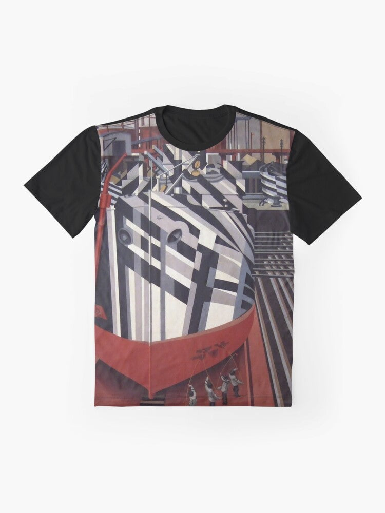 Graphic t-shirt featuring the surrealist masterpiece "Dazzle Ships in Drydock at Liverpool" by the famous artist Edward Wadsworth. - Flat lay