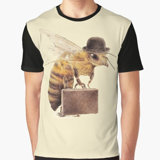 A graphic t-shirt design featuring a worker bee character in a yellow bowler hat and briefcase, illustrating the busy life of a corporate worker.