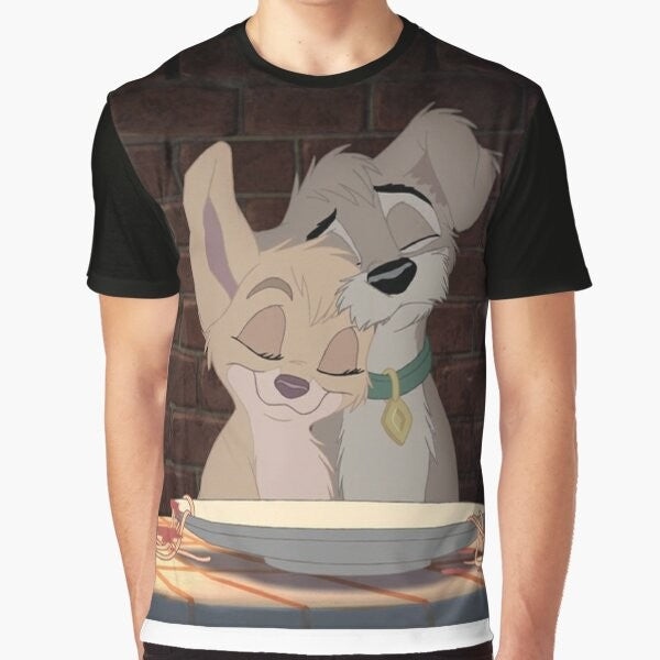 Scamp and Angel, the mischievous pup and his angelic sister from the Disney movie "Lady and the Tramp 2", featured on a graphic t-shirt design.