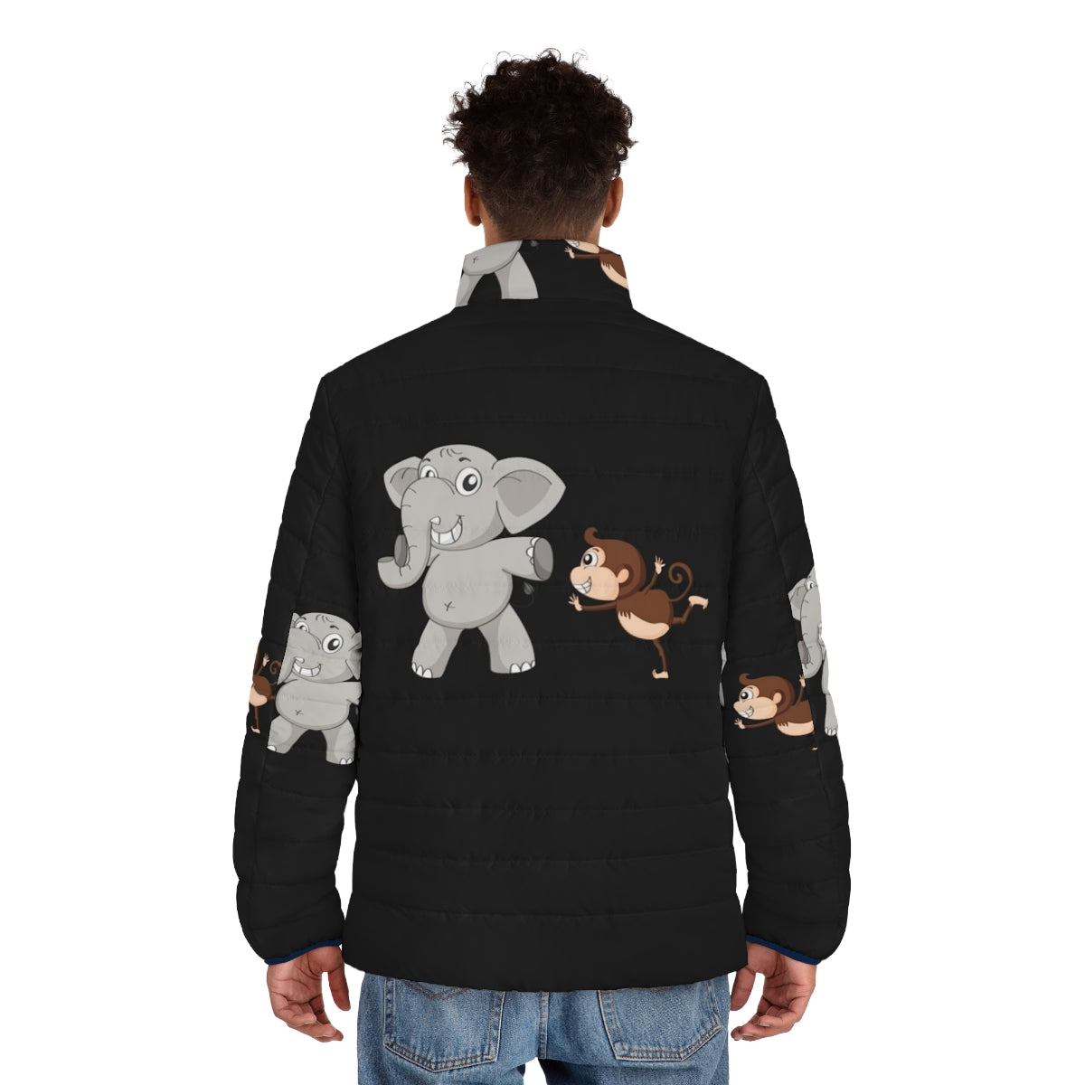 Legendary animals puffer jacket featuring mystic dragons, unicorns, and other fantasy creatures - men back