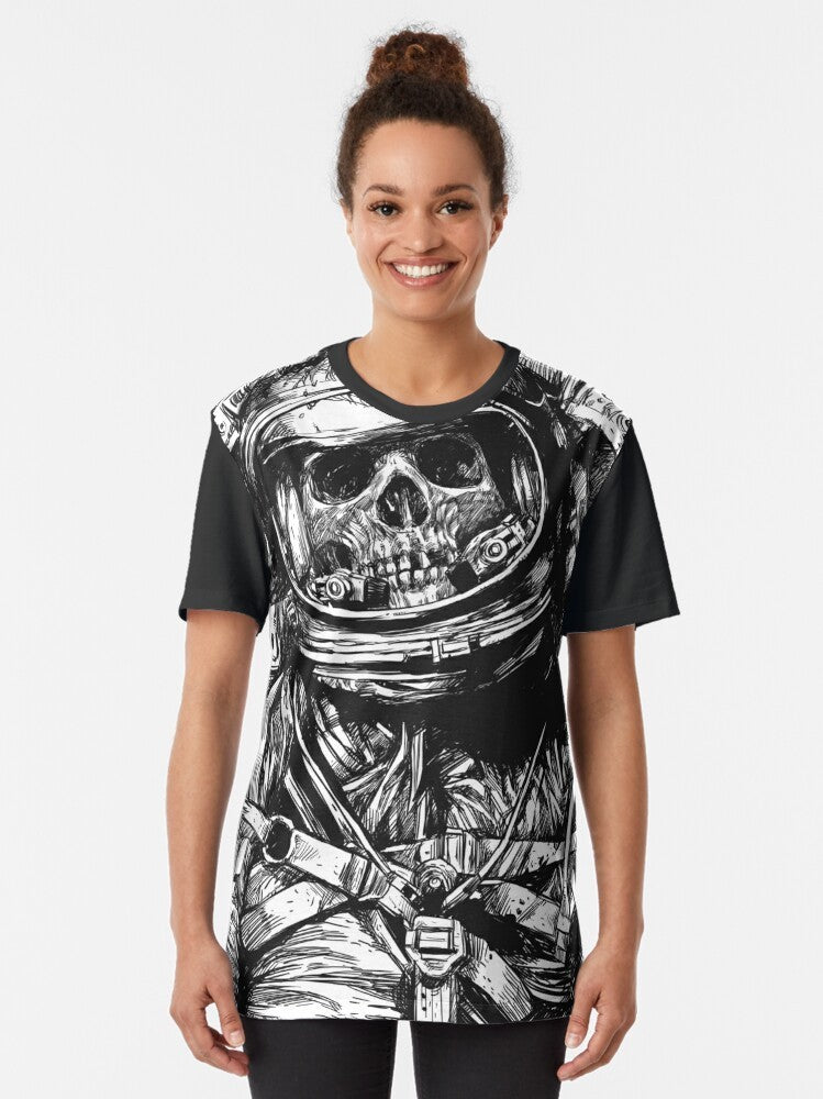 Haunting dead astronaut graphic t-shirt design with space, horror, and sci-fi elements - Women