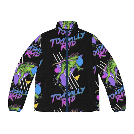 Toadally rad puffer jacket with retro 80s frog design