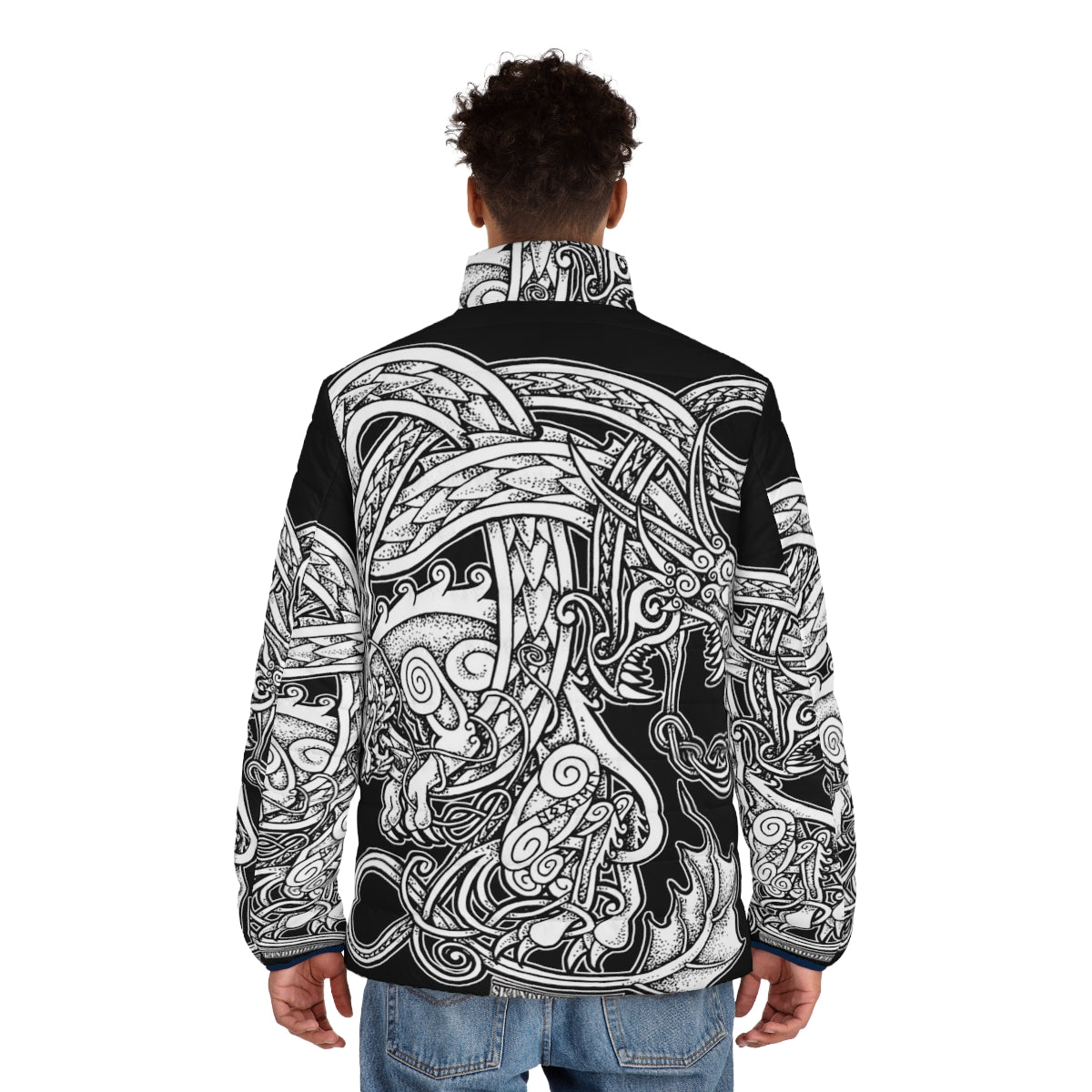 Fenrir and Jormungandr inspired puffer jacket with Norse and Viking design elements - men back