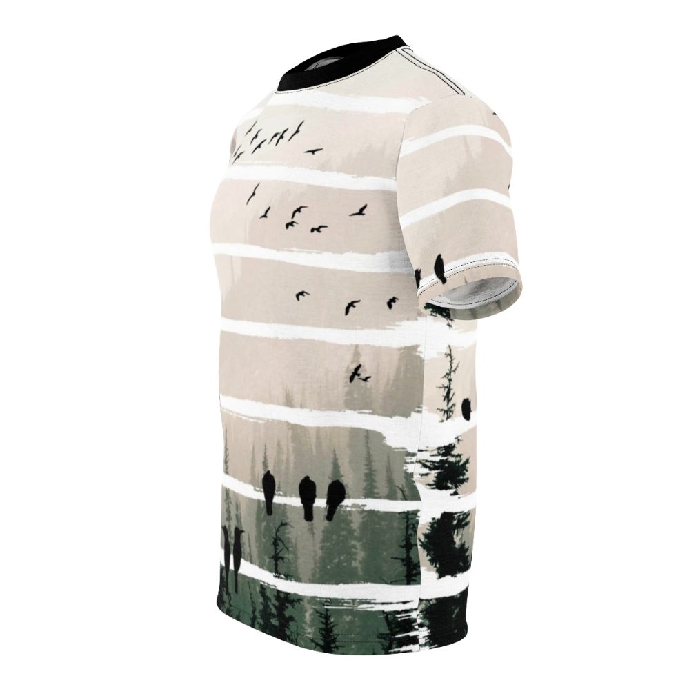 Artistic abstract geometric t-shirt design featuring misty forest, nature landscape, and birds in flight silhouette - men left