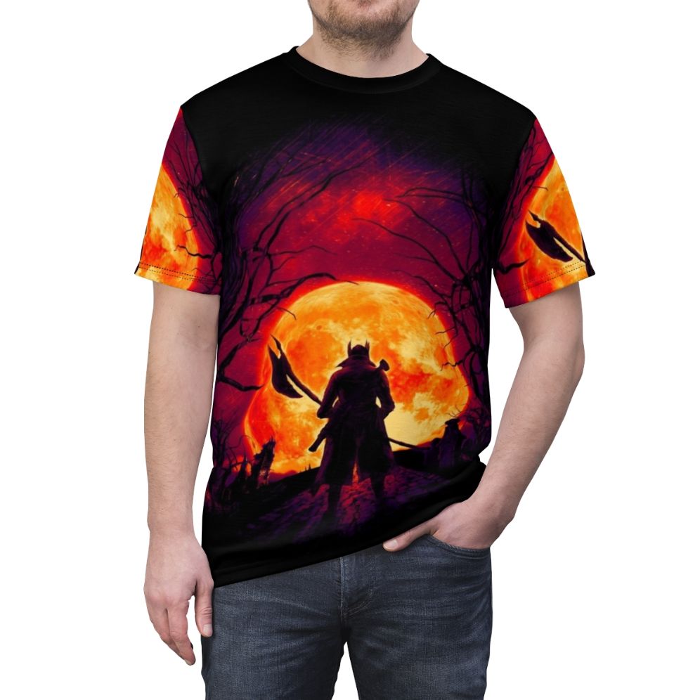 Eerie t-shirt design featuring a blood moon and night hunter from the Bloodborne video game - men front