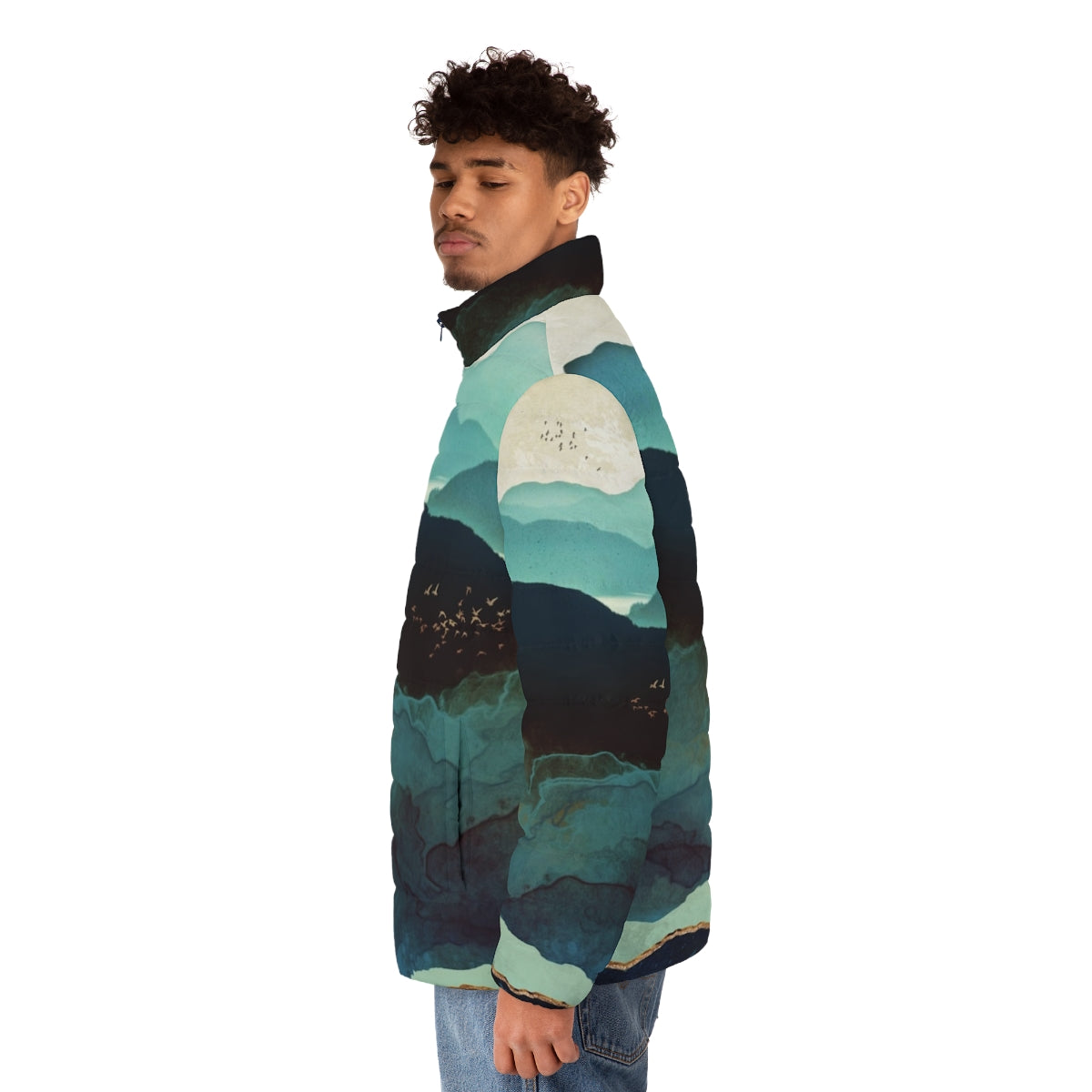 Indigo Mountains Puffer Jacket with abstract watercolor landscape design - men side left