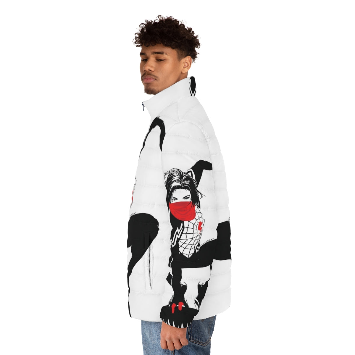 Silk Cindy Moon Black and White Puffer Jacket with Spider-Verse Inspired Design - men side left