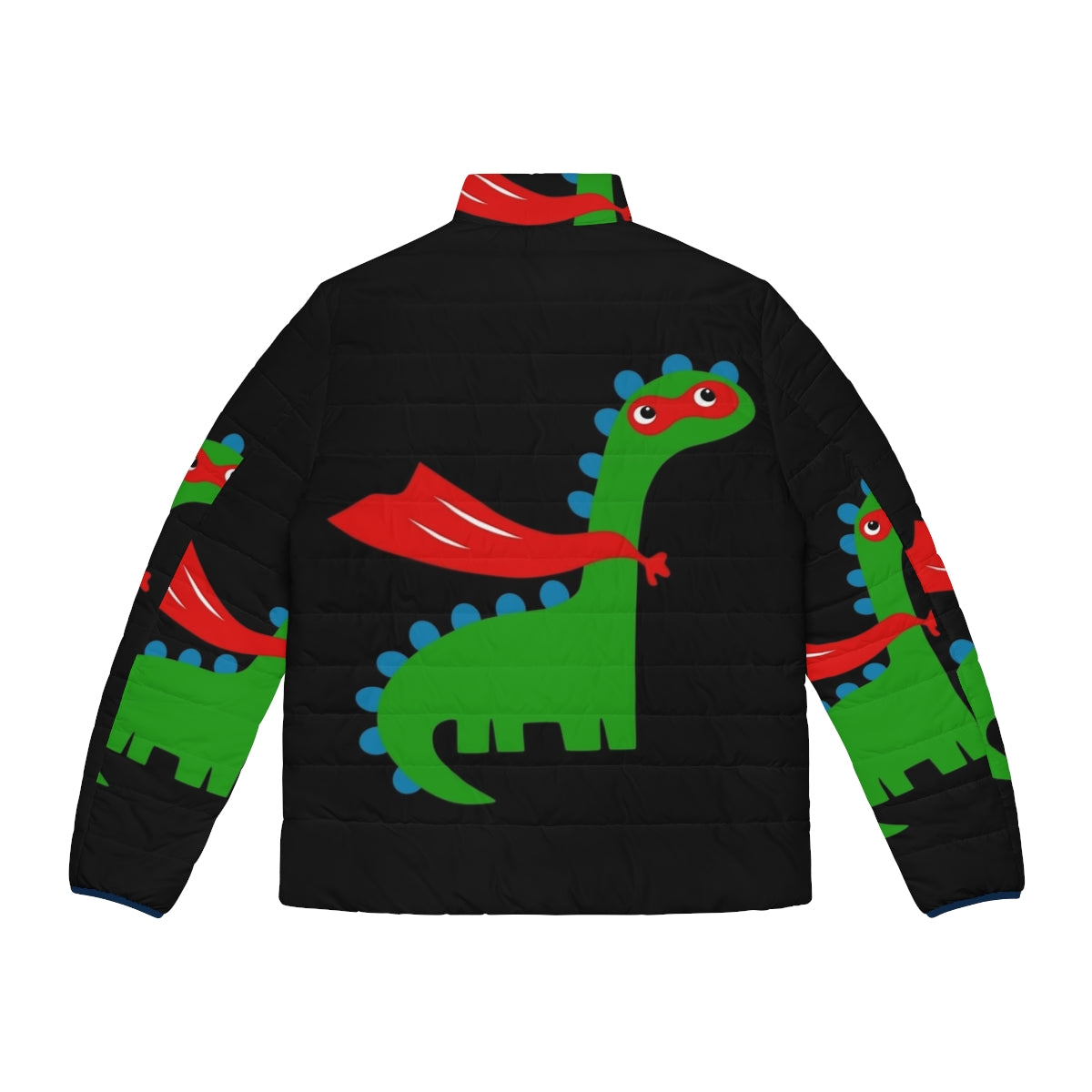 Kid wearing a colorful dinosaur superhero puffer jacket - Back