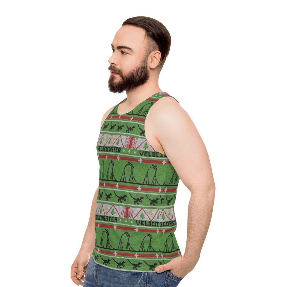 Velocicoaster Unisex Tank Top with Ugly Christmas Sweater Dinosaur Design - men side