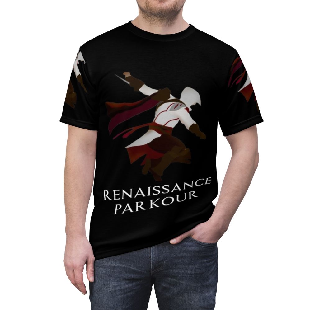 Renaissance-inspired Parkour Assassin themed t-shirt design - men front