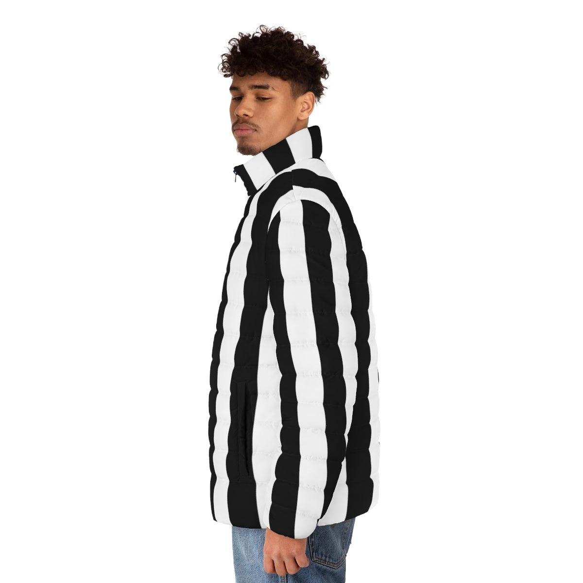 Black and white vertical striped puffer jacket - men side left