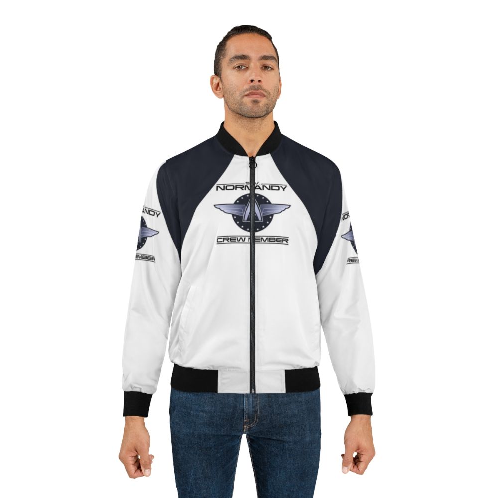 Mass Effect Normandy Crew Member Bomber Jacket featuring the SSV Normandy logo and N7 design - Lifestyle