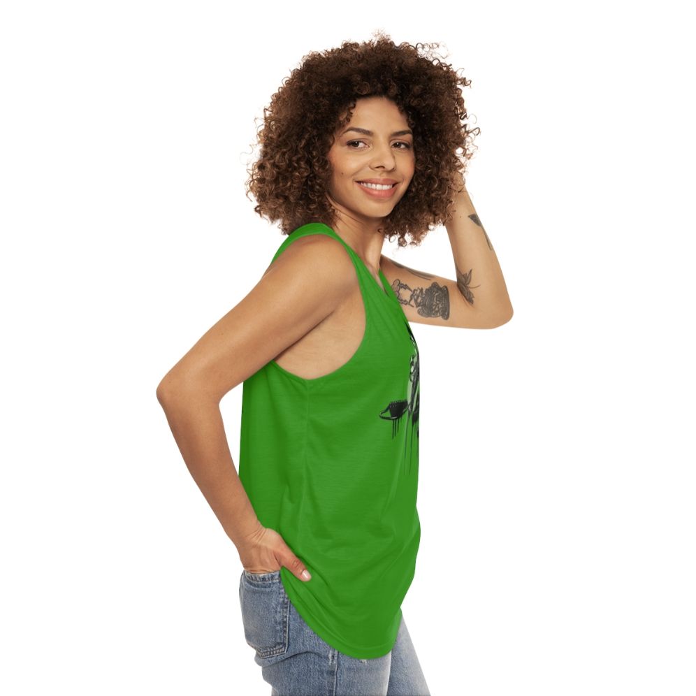 Classic Shells Unisex Tank Top featuring retro 70s album cover design and headphones - women side