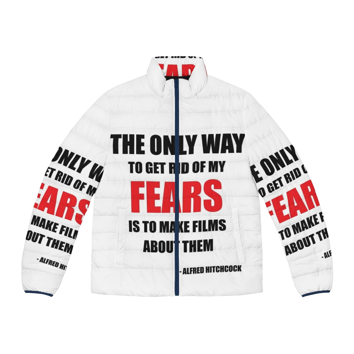 Alfred Hitchcock Quote Puffer Jacket featuring famous horror movie director's iconic quotes