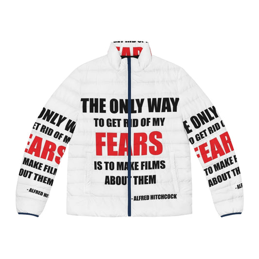 Alfred Hitchcock Quote Puffer Jacket featuring famous horror movie director's iconic quotes