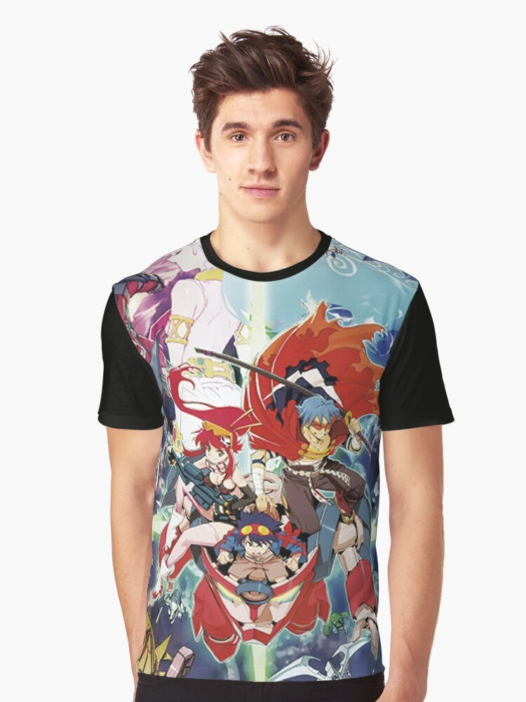 Tengen Toppa Gurren Lagann anime-inspired graphic t-shirt featuring characters like Kamina, Yoko Littner, and Nia Teppelin. - Men