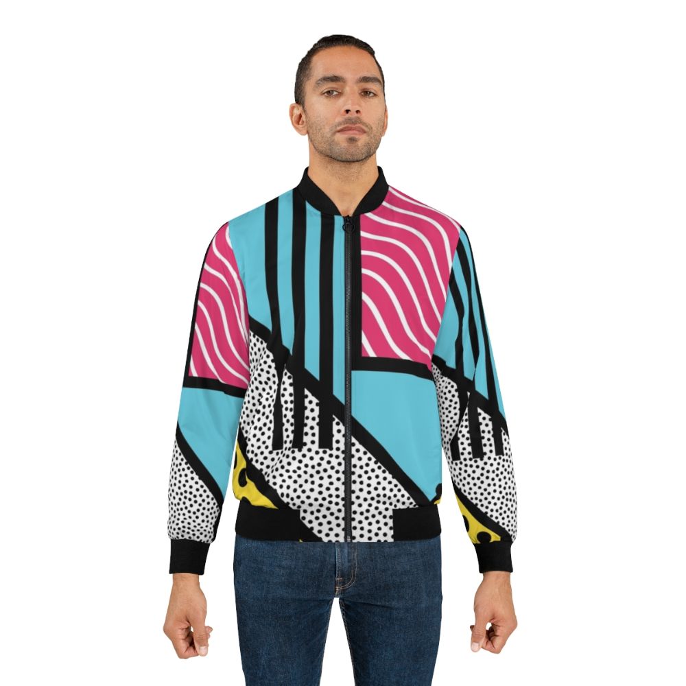 Abstract 80s Memphis pop art style graphics printed on a colorful and trendy bomber jacket. - Lifestyle