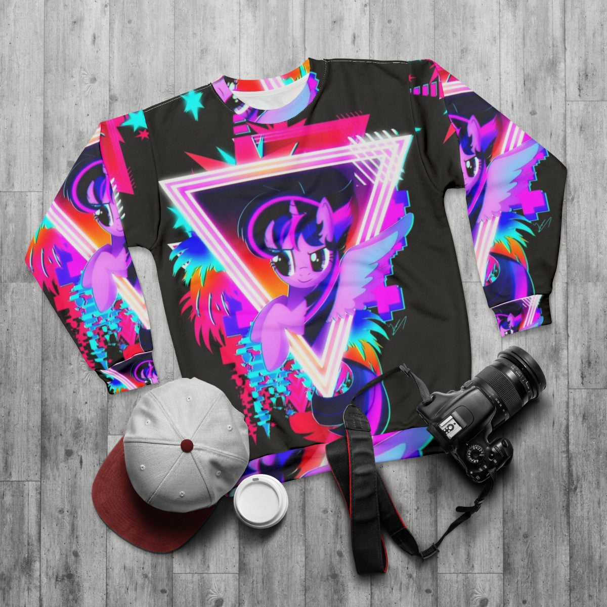 Neon Twilight Sparkle Sweatshirt with Retro 80s Vaporwave Aesthetic - flat lay