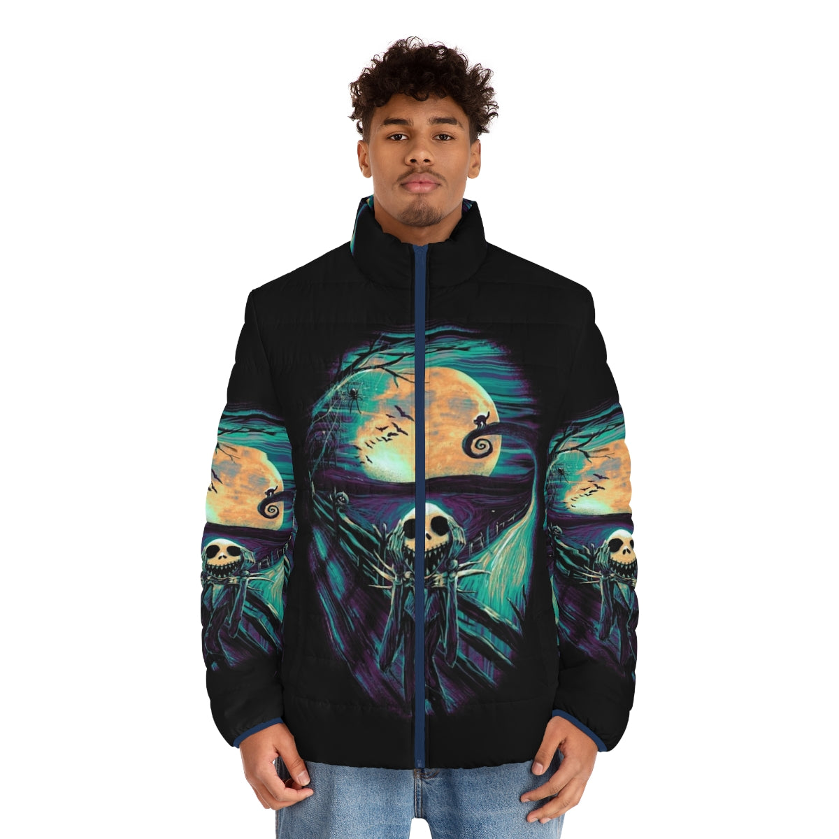 The Scream Before Christmas Puffer Jacket 2 - Nightmare Before Christmas inspired fashion featuring Edvard Munch's The Scream, Jack Skellington, and Halloween/Christmas imagery - men front