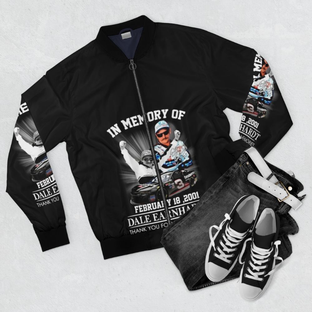 In Memory of Dale Earnhardt Bomber Jacket - Motorsports Tribute with Dale Earnhardt's Iconic Image - Flat lay