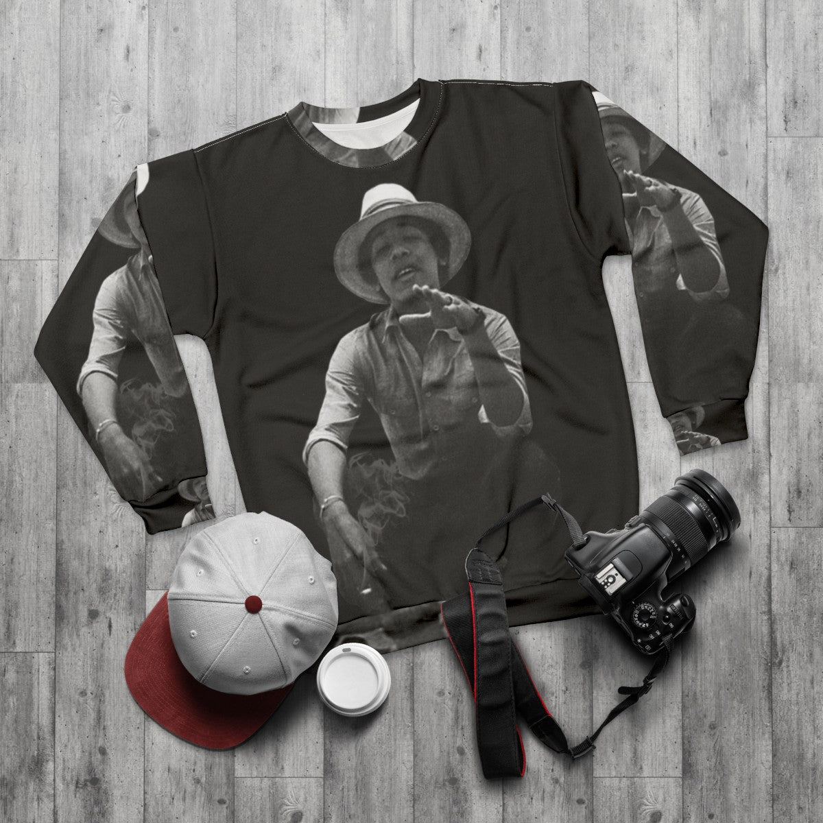 Vintage-style sweatshirt featuring a young Barack Obama - flat lay