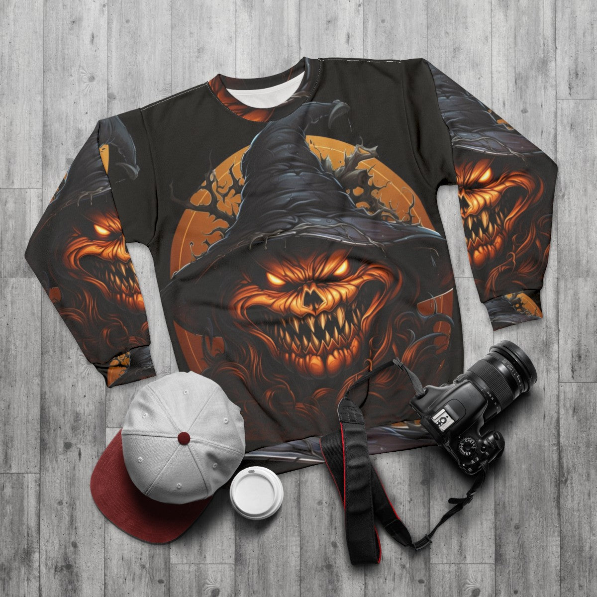 Sinister Halloween Pumpkin Sweatshirt with Demonic Pumpkin Design - flat lay