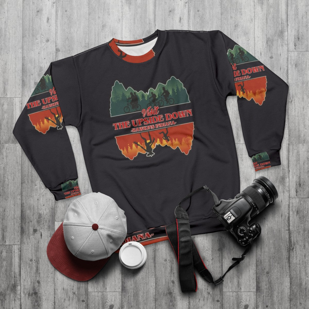 Upside down stranger things retro style sweatshirt with demogorgon design - flat lay