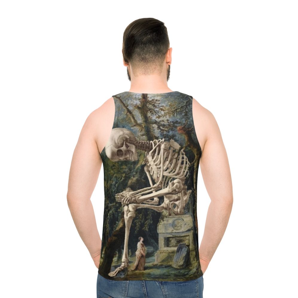 Surreal art unisex tank top featuring an illustration of a skull and skeleton - men back