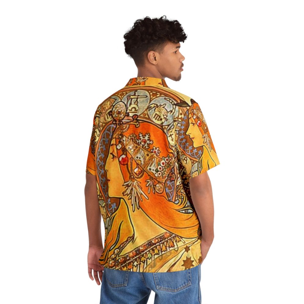 Alphonse Mucha Zodiac Hawaiian Shirt with Art Nouveau Floral Design - Flat lay