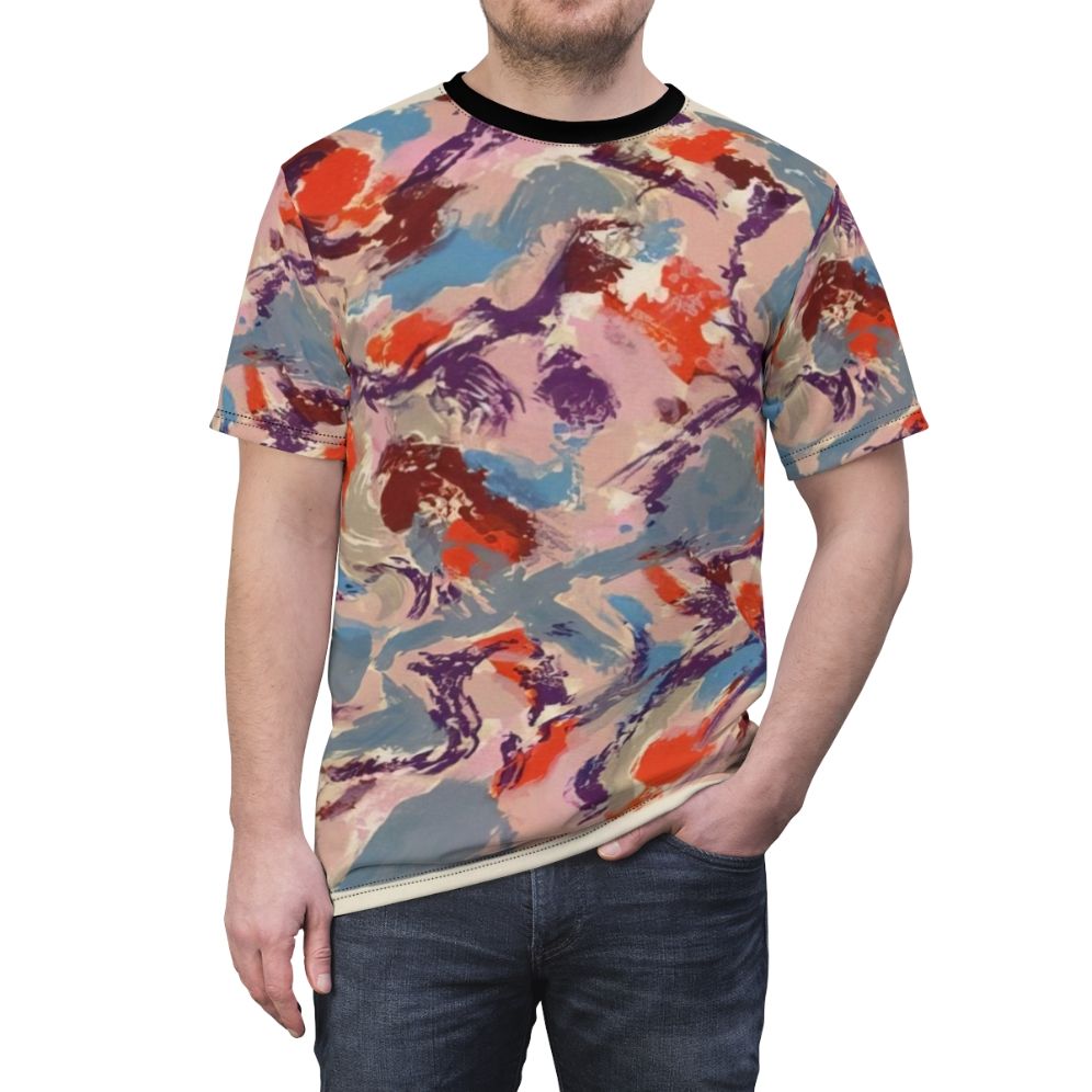 Colorful abstract t-shirt design inspired by the lyrical abstraction of French painter Alfred Manessier. - men front