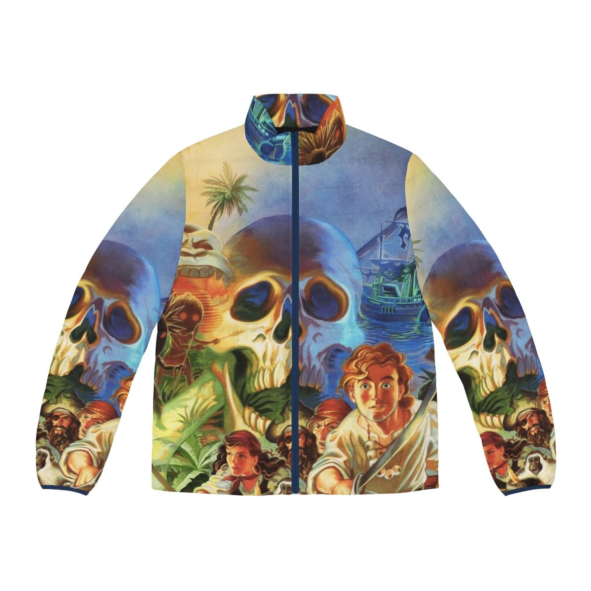 High contrast puffer jacket featuring iconic Monkey Island pixel art design