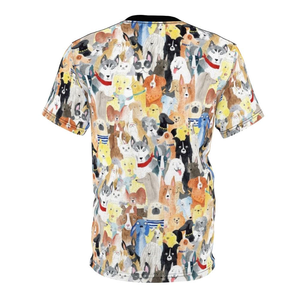 Watercolor illustration of a diverse pack of happy dogs on a t-shirt - Back