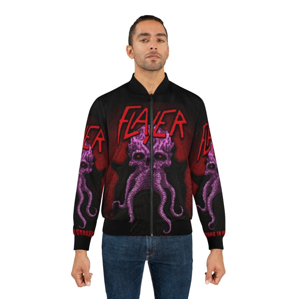 A bomber jacket featuring a mind flayer design, inspired by the Dungeons and Dragons universe. - Lifestyle