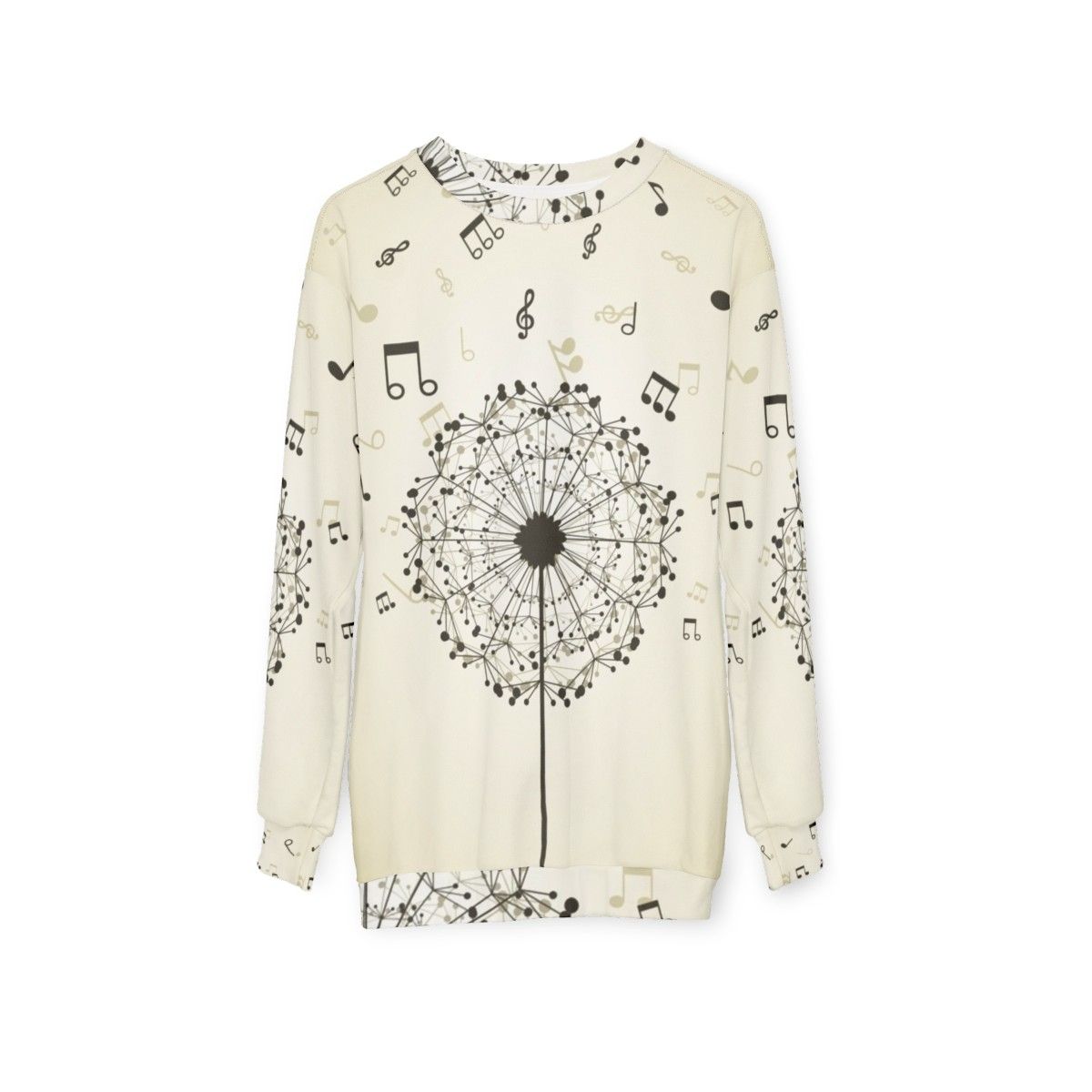 Music-themed sweatshirt with dandelion flower design - hanging