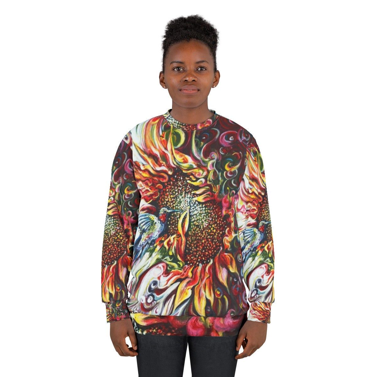 Colorful sunflowers and hummingbird nature sweatshirt - women