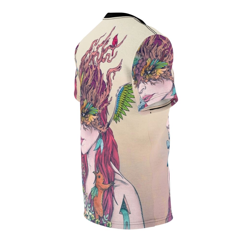 Whimsical t-shirt design featuring psychedelic art with fantasy nature elements, including a woman with red hair, animals like a cardinal and squirrel, and vibrant floral patterns. - men right