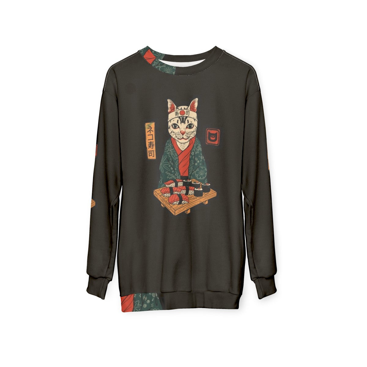 Neko Sushi Bar Sweatshirt featuring a cute cat with sushi elements - hanging