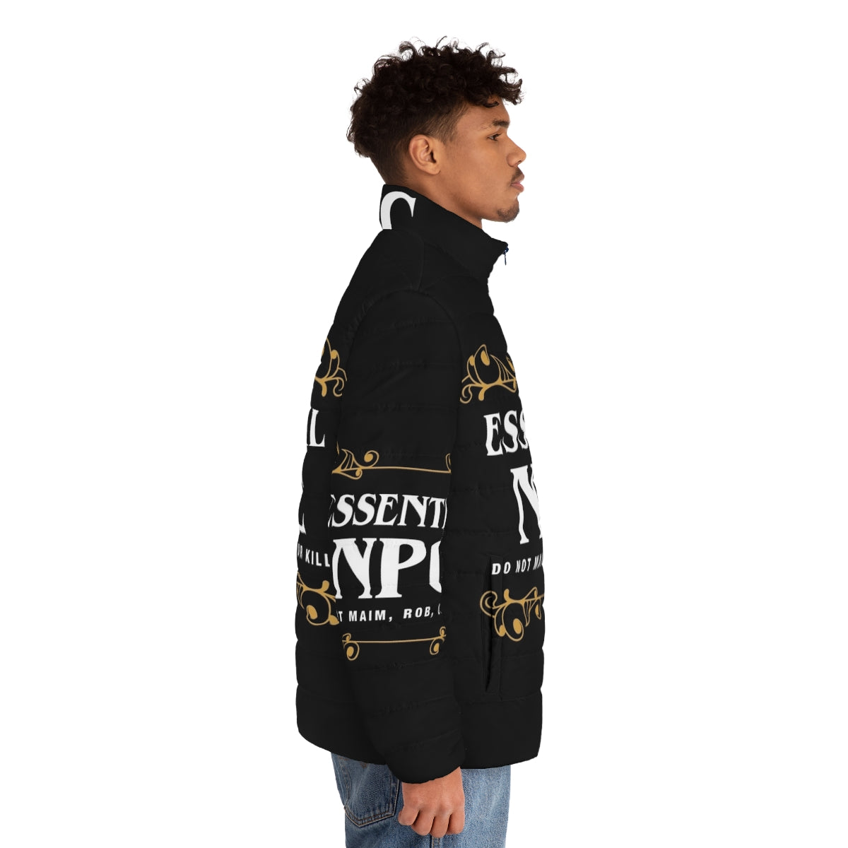 Essential NPC Non-Playable Character Gaming Puffer Jacket for tabletop RPG and video game fans - men side right