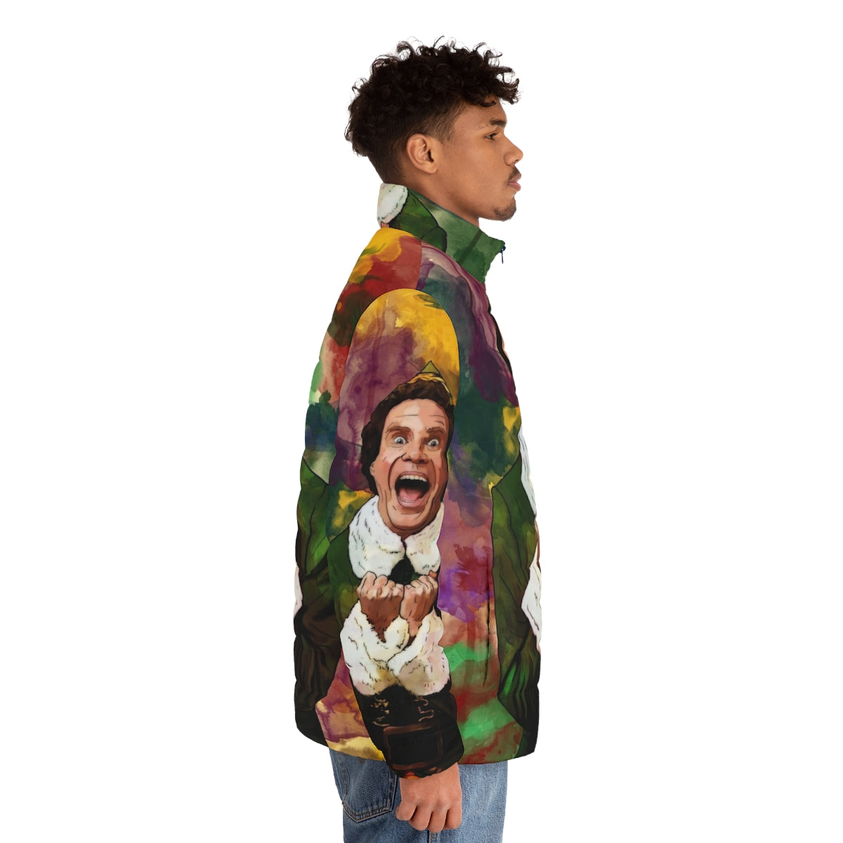 Elf-inspired puffer jacket with holiday graphics and colors - men side right