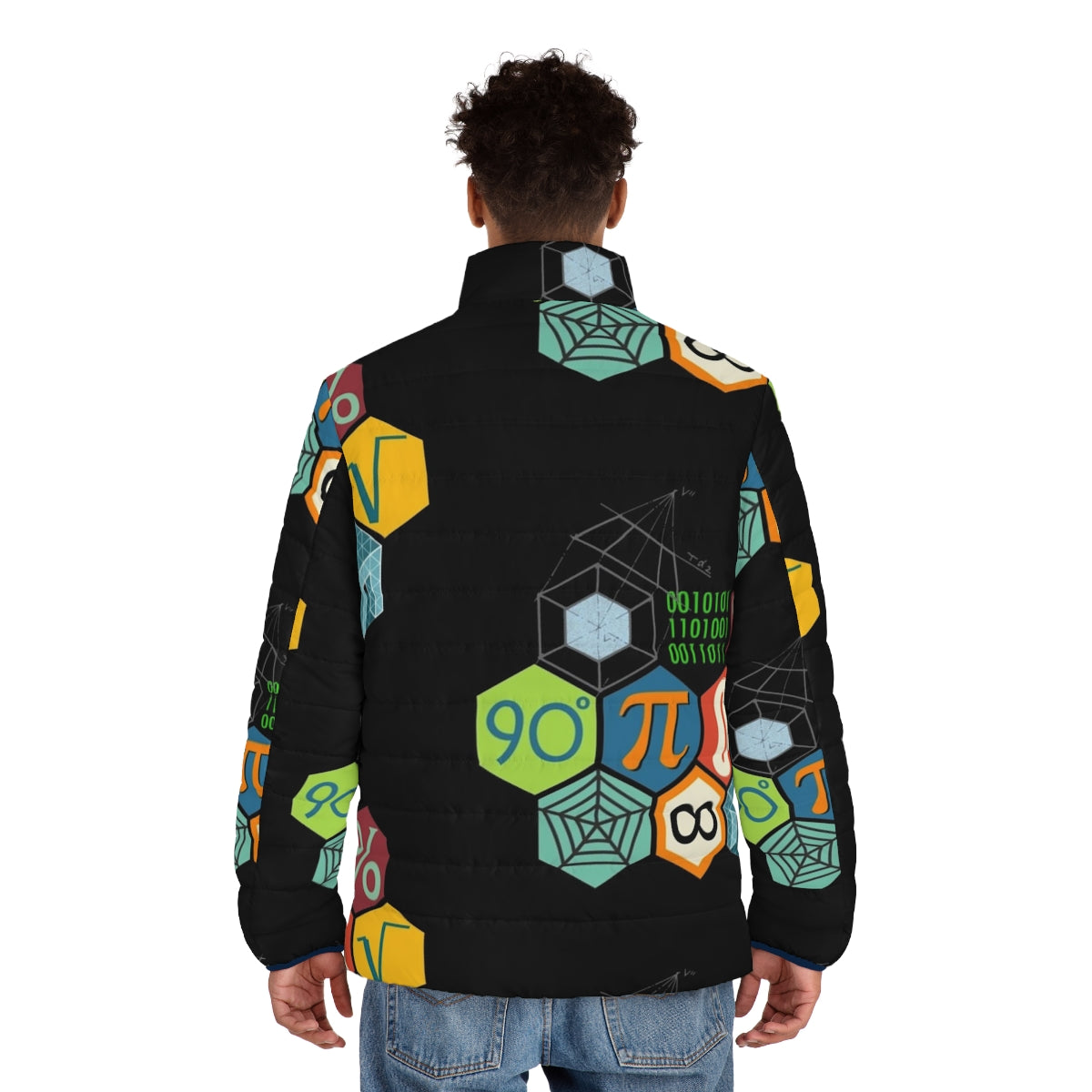 Math Puffer Jacket with geometric patterns and mathematical symbols - men back