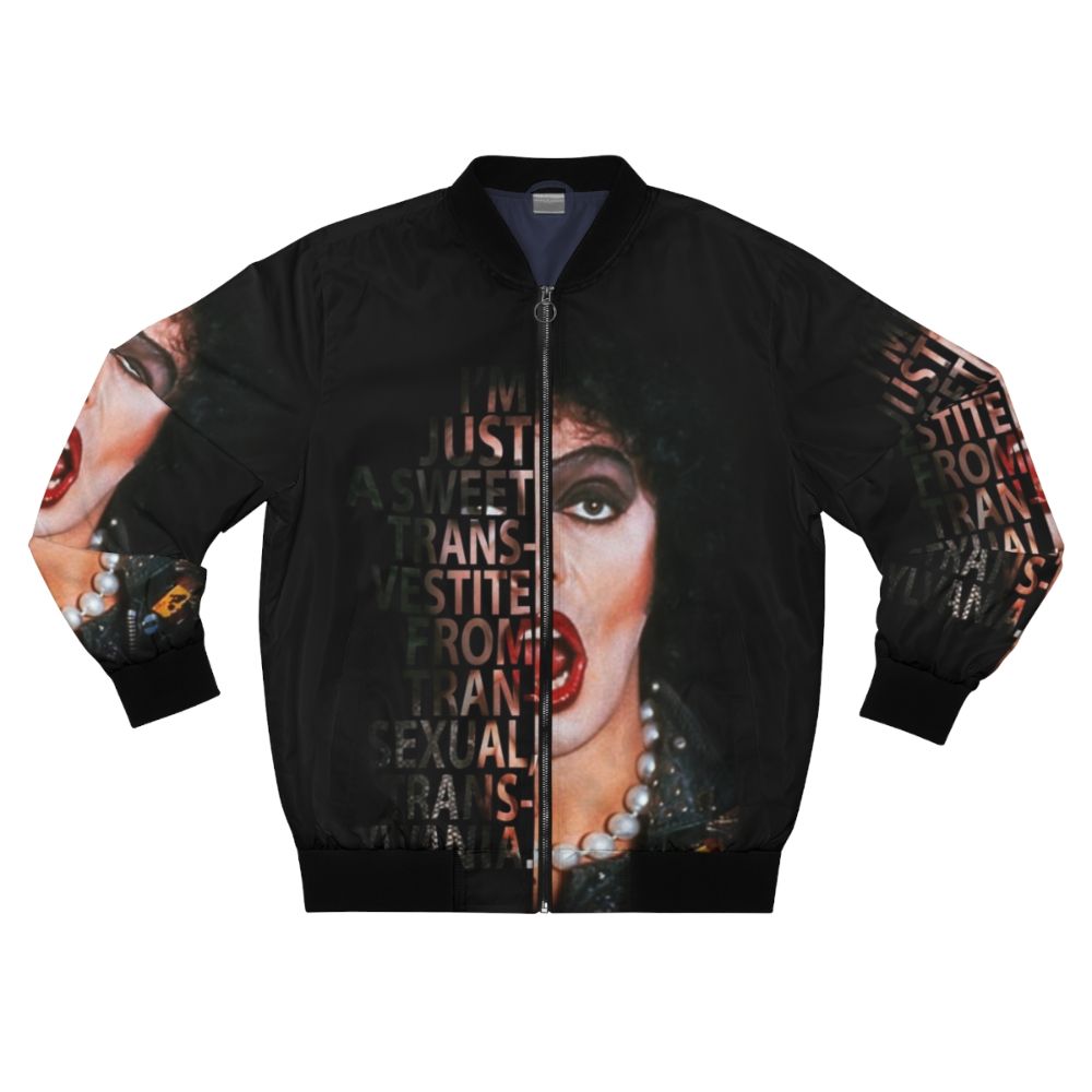 A stylish bomber jacket featuring the iconic Frank N Furter character from the Rocky Horror Picture Show.